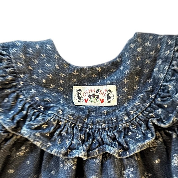 VTG 90’s. OshKosh B’Gosh Denim Dress Sz 3T Ruffle Collar Red Button Back Logo - Picture 2 of 8